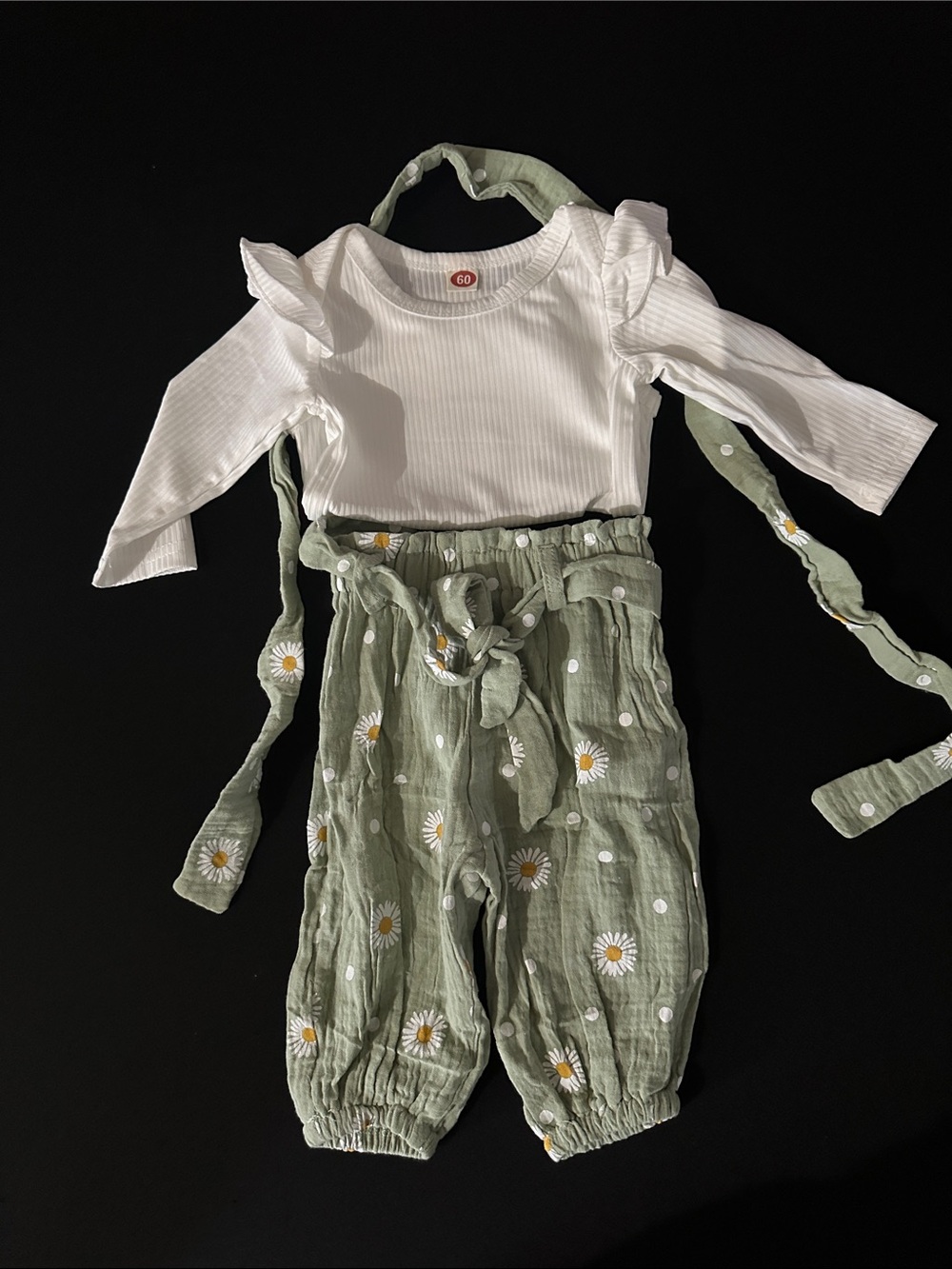 Daisy Print Green Linen-Style Overalls with White Ruffle Longsleeve